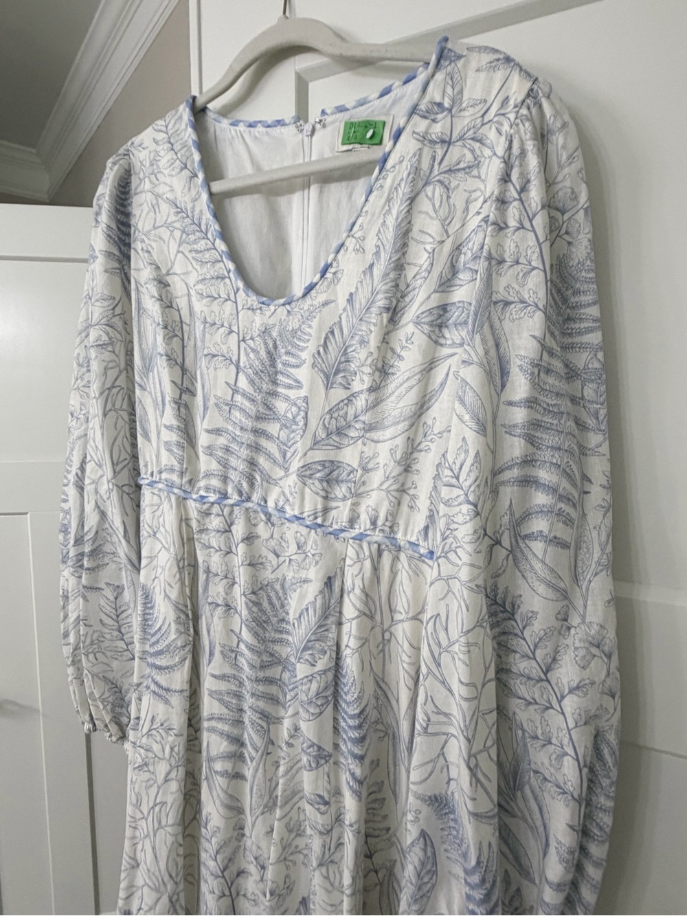 Aura White Dress with Light Blue Leaf Print